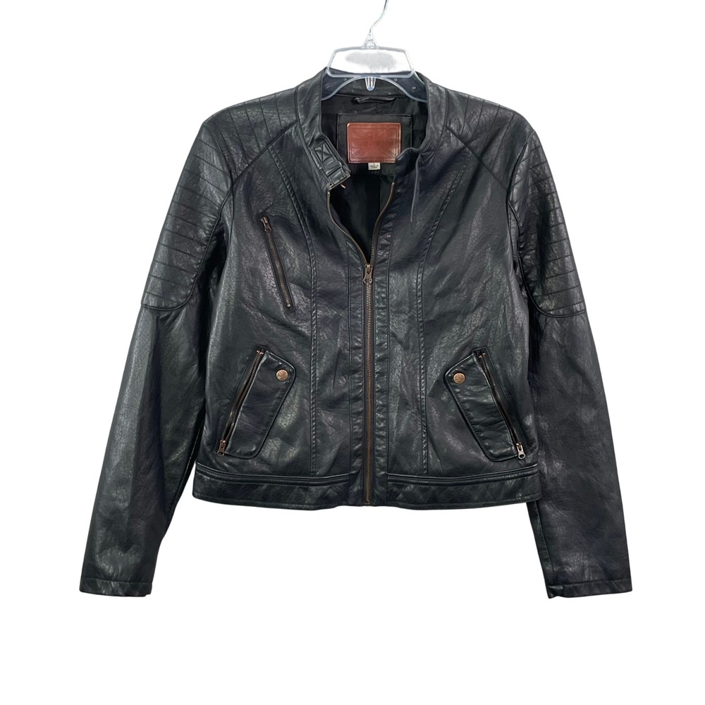 Miss London Moto Jacket Womens Large Black Faux Leather Quilted Biker Zip Coat